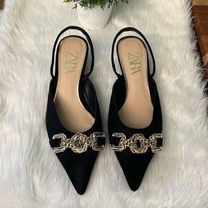 Zara black kitten heel with gold tone metal accent